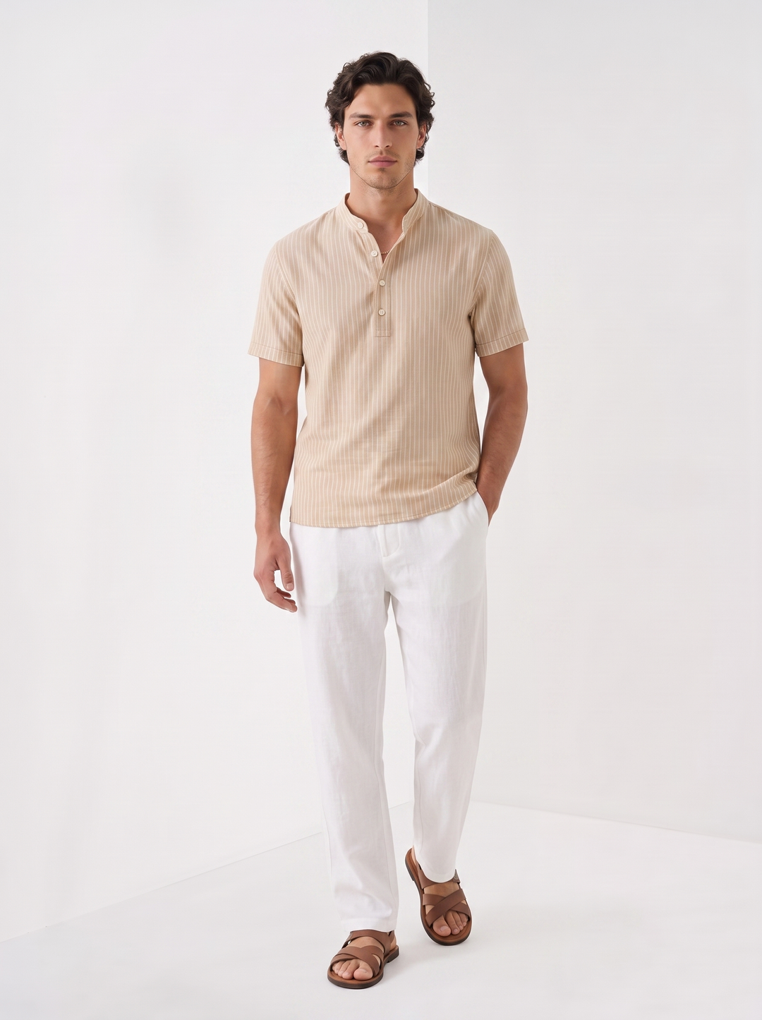Camisa Henley de Lino a Rayas