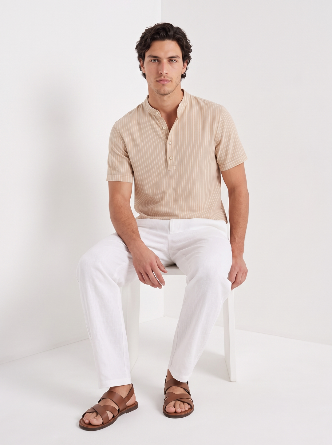 Camisa Henley de Lino a Rayas
