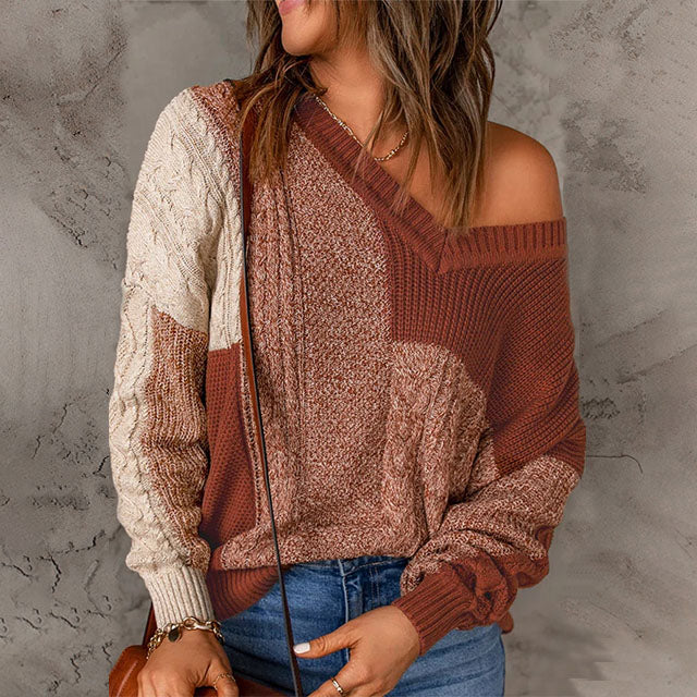 Suéter de Tricot Patchwork Casual