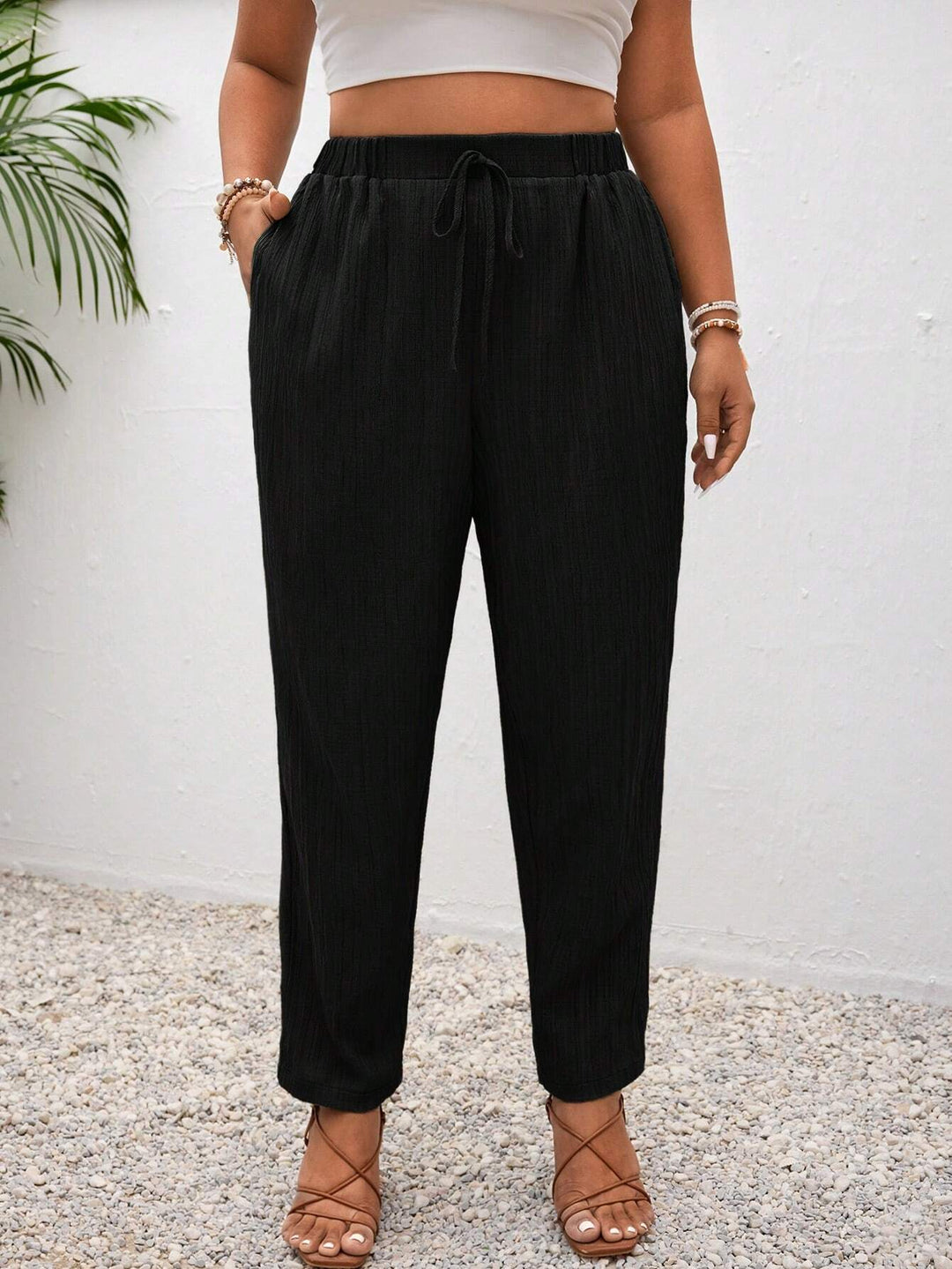 Pantalones negros ajustados de talla grande para la playa, vacaciones, relax, estilo boho