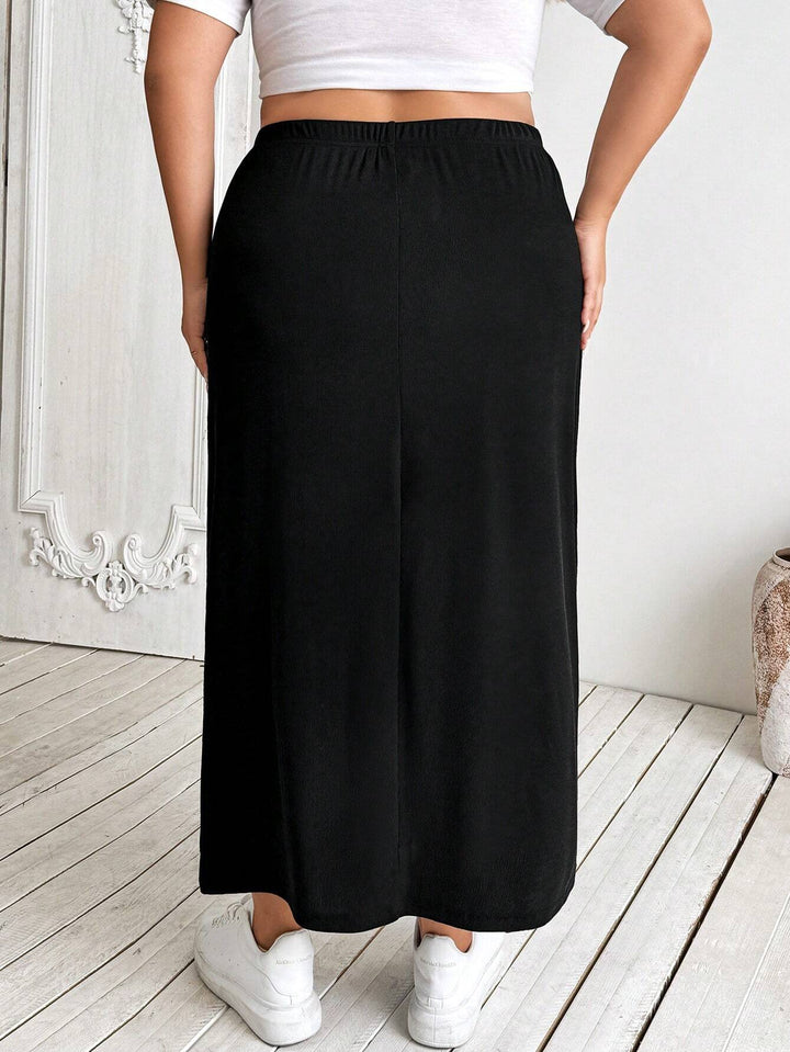 Falda lápiz midi elástica negra de talla grande para mujer