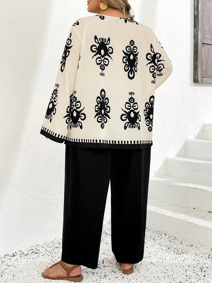 2 Piezas/Conjunto Tallas grandes, Con Top impreso de manga larga y cuello redondo y Pantalones largos, Estilo Boho para Vacaciones