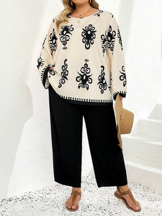 2 Piezas/Conjunto Tallas grandes, Con Top impreso de manga larga y cuello redondo y Pantalones largos, Estilo Boho para Vacaciones