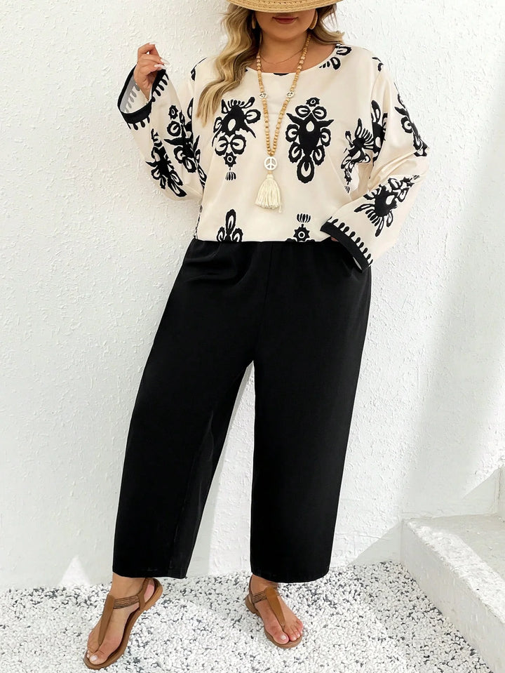 2 Piezas/Conjunto Tallas grandes, Con Top impreso de manga larga y cuello redondo y Pantalones largos, Estilo Boho para Vacaciones