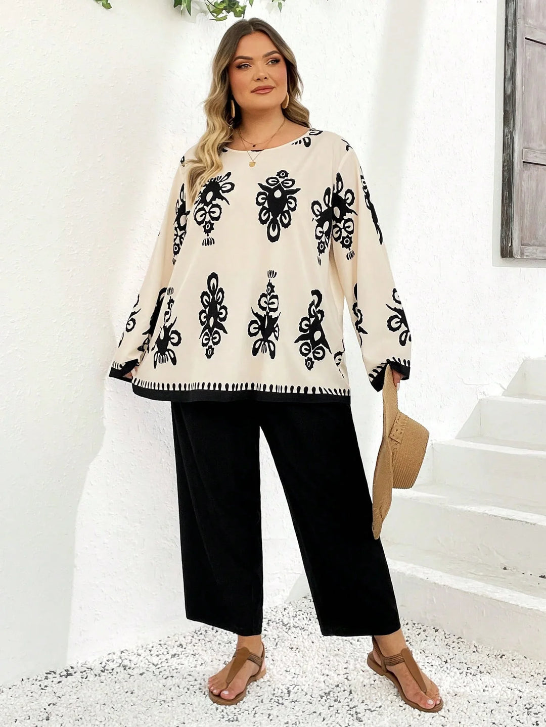2 Piezas/Conjunto Tallas grandes, Con Top impreso de manga larga y cuello redondo y Pantalones largos, Estilo Boho para Vacaciones