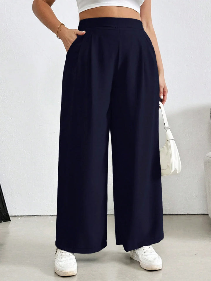 Pantalón con pliegues de color sólido, cintura elástica, para mujer tallas grandes