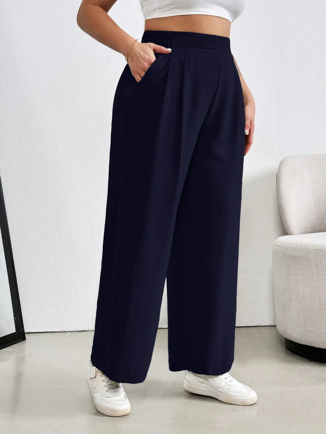 Pantalón con pliegues de color sólido, cintura elástica, para mujer tallas grandes