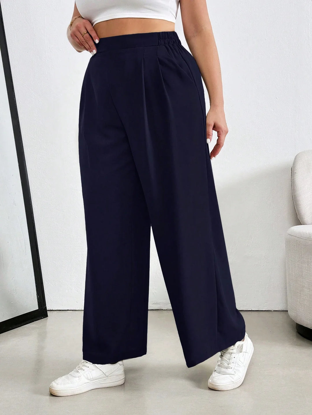 Pantalón con pliegues de color sólido, cintura elástica, para mujer tallas grandes