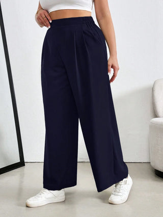 Pantalón con pliegues de color sólido, cintura elástica, para mujer tallas grandes