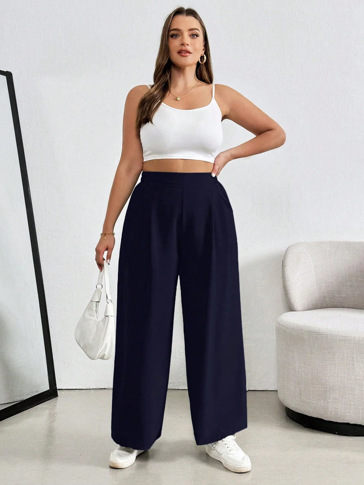 Pantalón con pliegues de color sólido, cintura elástica, para mujer tallas grandes