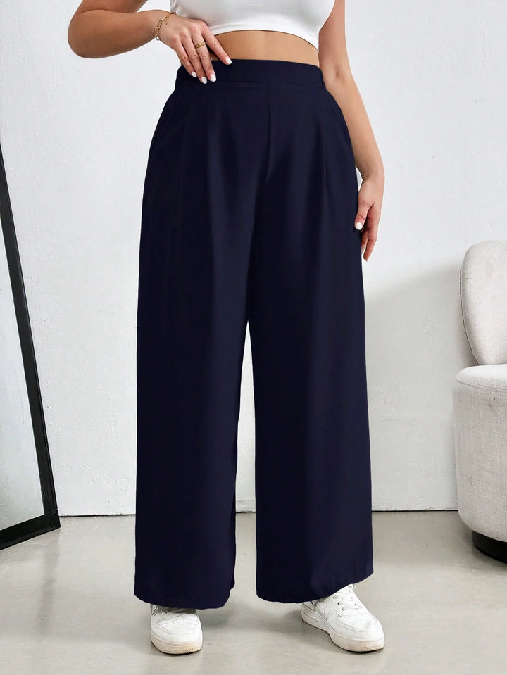 Pantalón con pliegues de color sólido, cintura elástica, para mujer tallas grandes