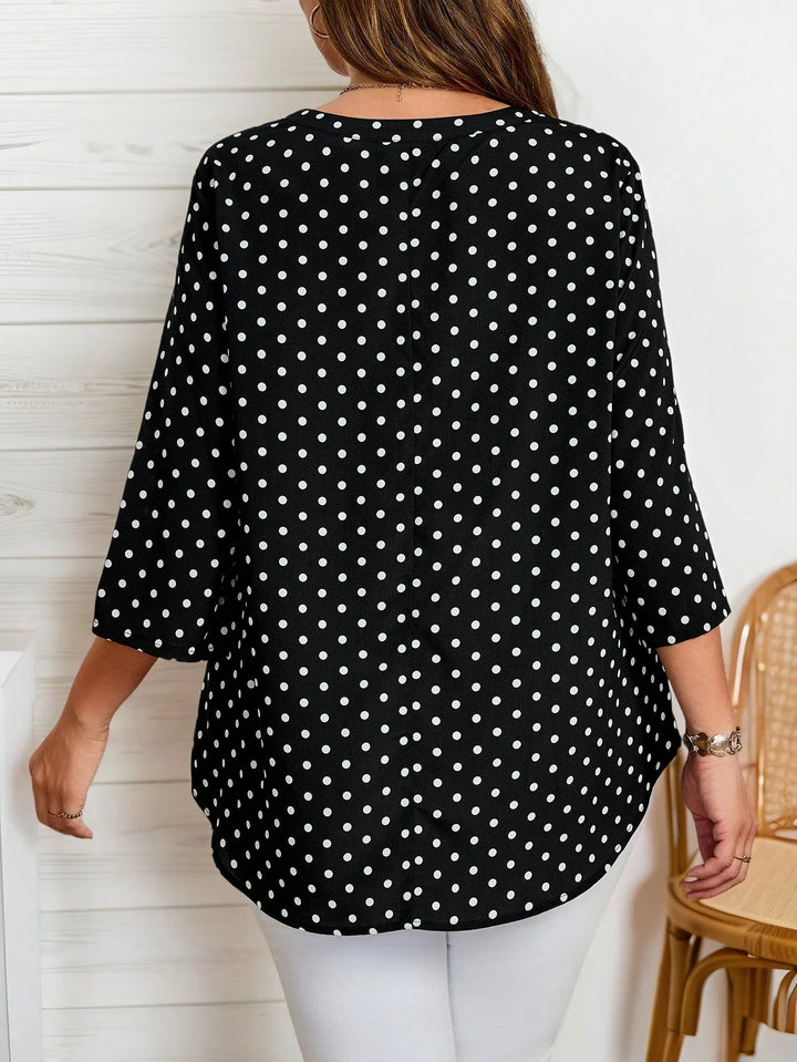 Camisa casual de mujer tallas grandes con estampado de lunares, cuello en V y mangas enrollables