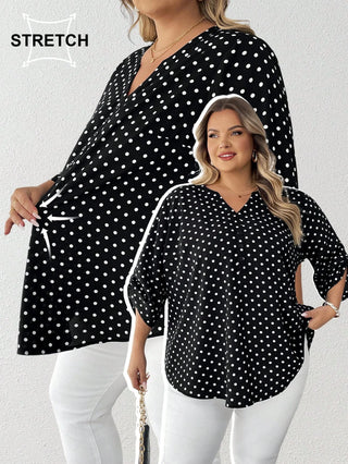 Camisa casual de mujer tallas grandes con estampado de lunares, cuello en V y mangas enrollables