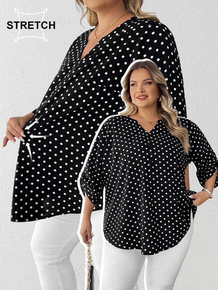 Camisa casual de mujer tallas grandes con estampado de lunares, cuello en V y mangas enrollables
