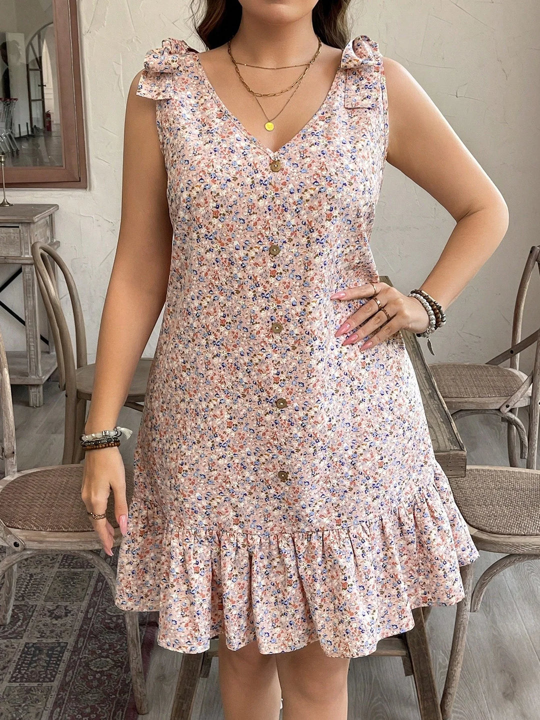 Vestido casual sin mangas con escote en V y estampado floral oversized