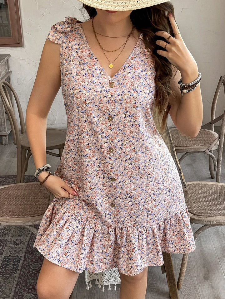 Vestido casual sin mangas con escote en V y estampado floral oversized