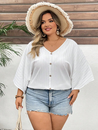 Camisa de mujer tallas grandes con escote en V, mangas de murciélago, textura de vacaciones, estilo boho para vacaciones