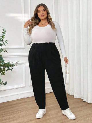 Pantalones negros casuales y cómodos para mujer, con estampado de leopardo, cintura elástica, bolsillos, para mujeres con curvas