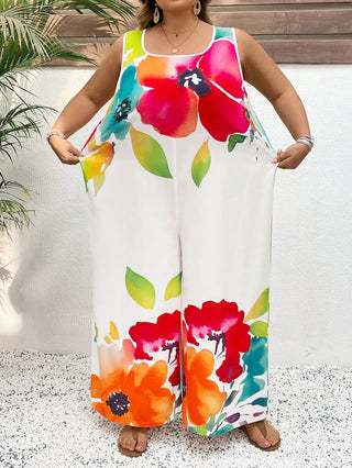 Mono largo elegante de estilo amplio con escote de ciambella, sin mangas, con estampado floral colorido