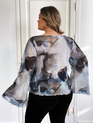 Camisa de mujer oversize con flores efecto Tie Dye, escote cuadrado, mangas largas atadas, adecuada para ropa de otoño, vacaciones, graduación y regreso a clases