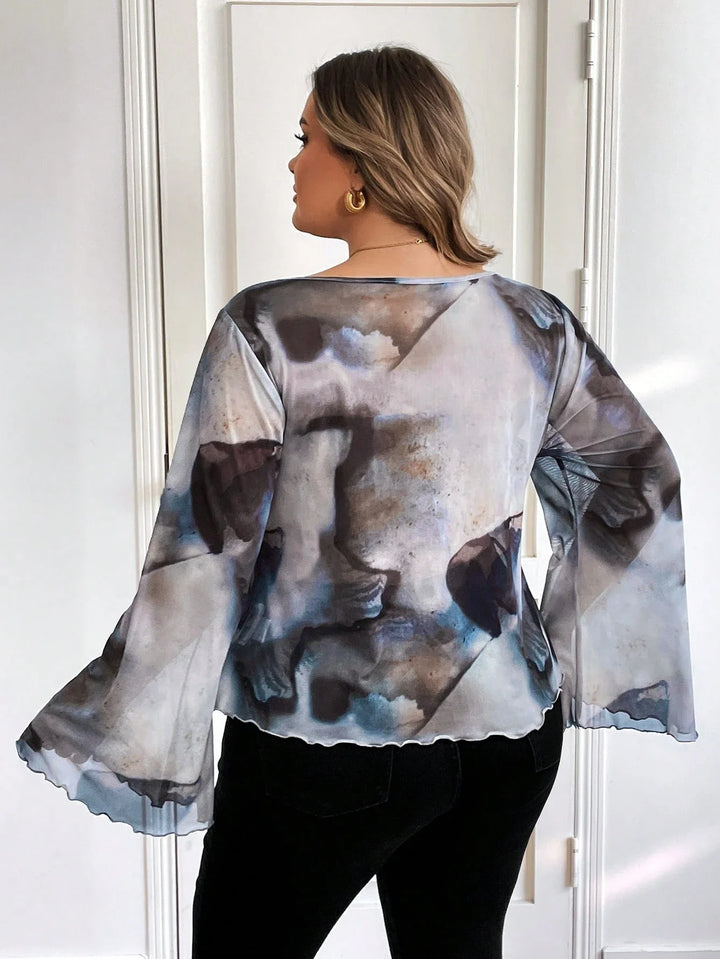 Camisa de mujer oversize con flores efecto Tie Dye, escote cuadrado, mangas largas atadas, adecuada para ropa de otoño, vacaciones, graduación y regreso a clases