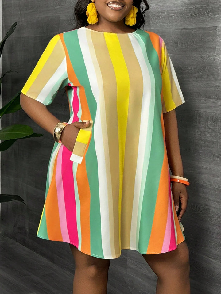 Vestido casual y elegante para mujer curvy y tallas grandes, con cuello redondo y estampado de rayas arcoíris