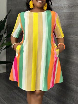 Vestido casual y elegante para mujer curvy y tallas grandes, con cuello redondo y estampado de rayas arcoíris
