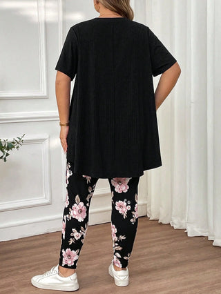 Conjunto de camiseta de manga corta suave de gran tamaño para mujeres, cuello redondo y leggings estampados elásticos estilo boho
