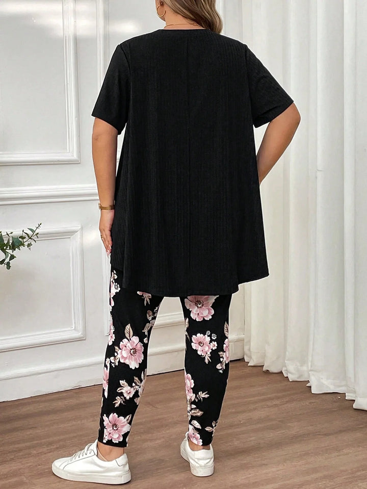 Conjunto de camiseta de manga corta suave de gran tamaño para mujeres, cuello redondo y leggings estampados elásticos estilo boho