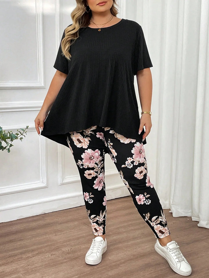 Conjunto de camiseta de manga corta suave de gran tamaño para mujeres, cuello redondo y leggings estampados elásticos estilo boho