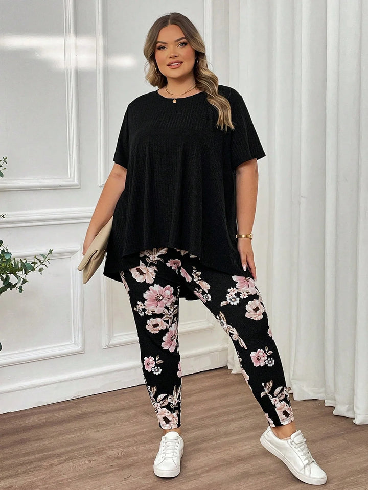 Conjunto de camiseta de manga corta suave de gran tamaño para mujeres, cuello redondo y leggings estampados elásticos estilo boho