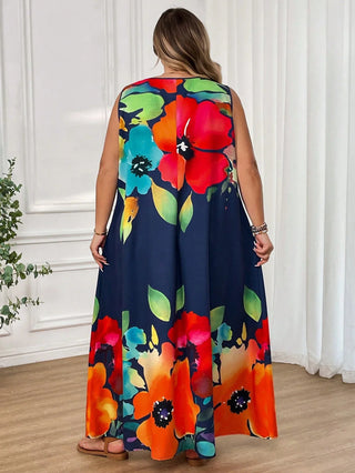 Vestido largo con estampado floral, sin mangas, estilo boho, adecuado para primavera y verano, para usar en vacaciones, en tallas cómodas
