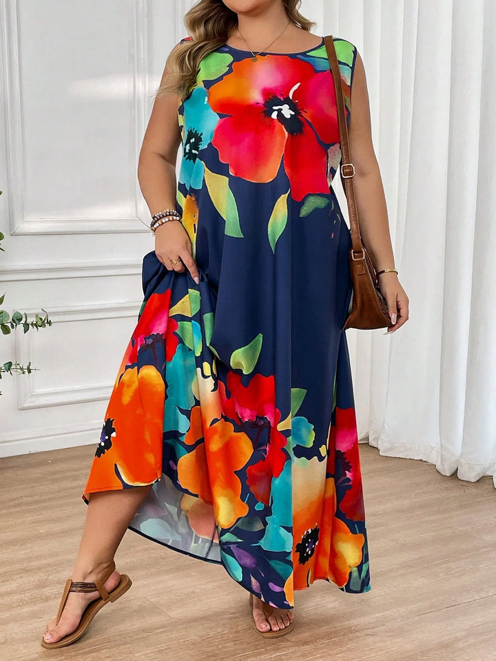 Vestido largo con estampado floral, sin mangas, estilo boho, adecuado para primavera y verano, para usar en vacaciones, en tallas cómodas
