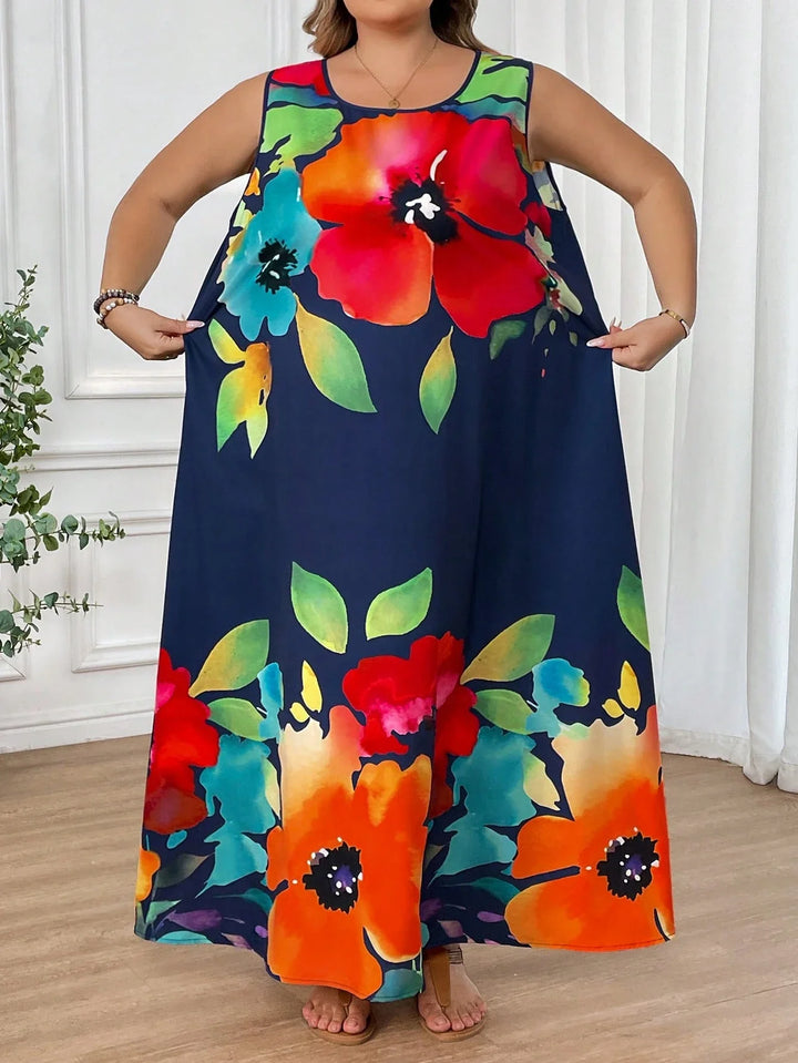 Vestido largo con estampado floral, sin mangas, estilo boho, adecuado para primavera y verano, para usar en vacaciones, en tallas cómodas