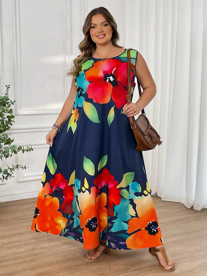 Vestido largo con estampado floral, sin mangas, estilo boho, adecuado para primavera y verano, para usar en vacaciones, en tallas cómodas