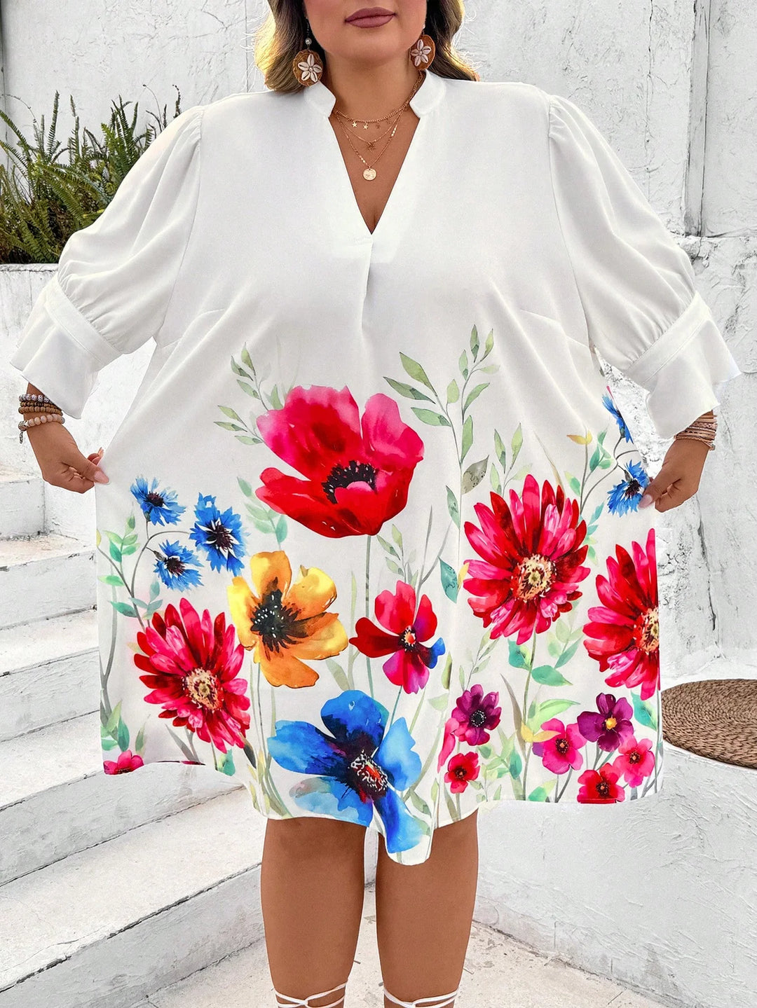 Vestido casual con escote en V, mangas cortas, estampado floral, línea recta, amplio, vestido de verano azul, vestido primaveral de verano blanco, estilo bohemio, para vacaciones