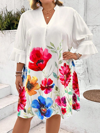 Vestido casual con escote en V, mangas cortas, estampado floral, línea recta, amplio, vestido de verano azul, vestido primaveral de verano blanco, estilo bohemio, para vacaciones