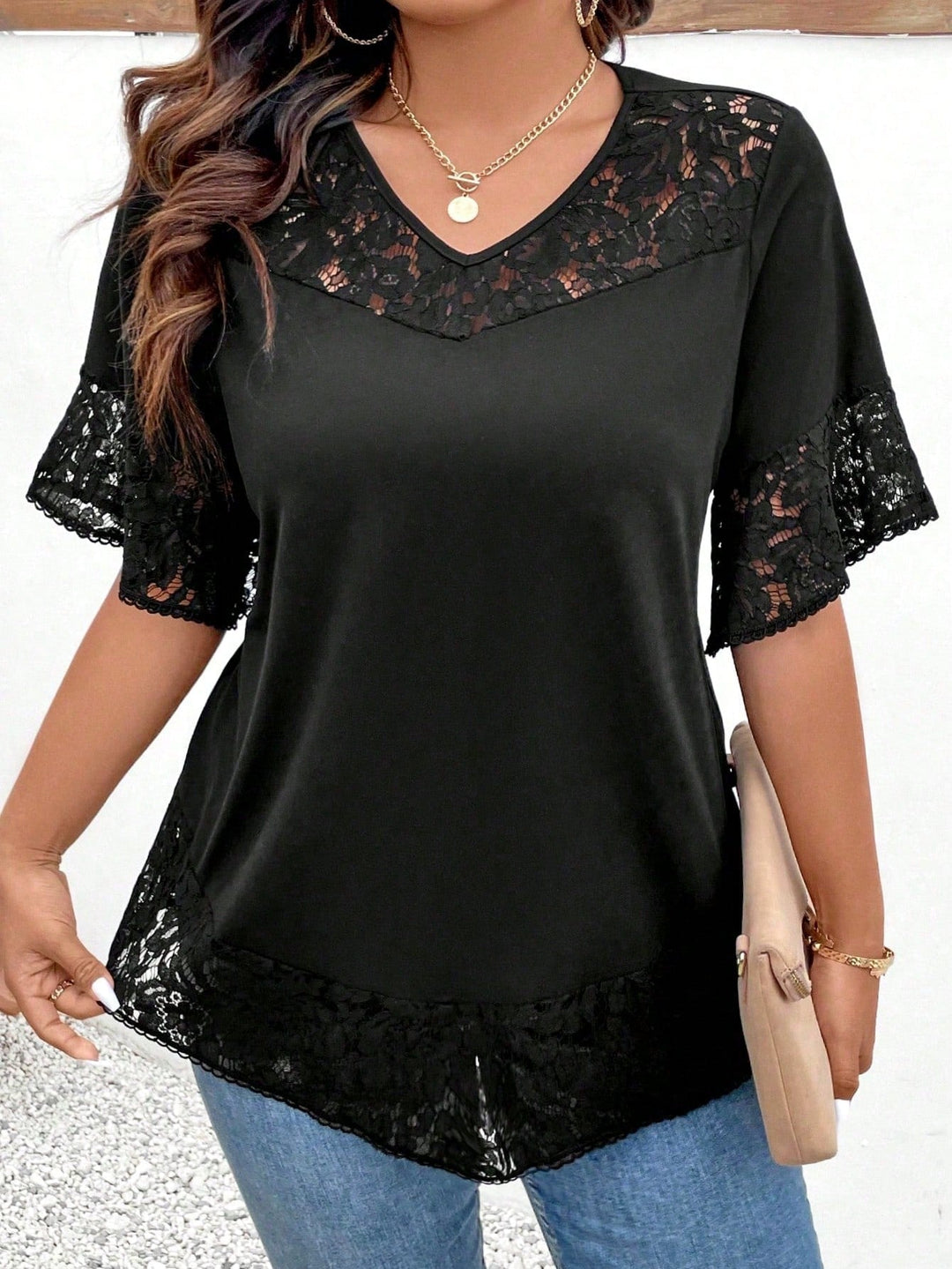Camiseta casual larga y fluida para mujer con cuello redondo, mangas cortas, dobladillo de encaje, corte amplio, adecuada para tallas grandes, para primavera/verano