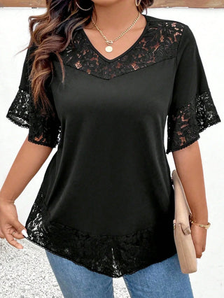 Camiseta casual larga y fluida para mujer con cuello redondo, mangas cortas, dobladillo de encaje, corte amplio, adecuada para tallas grandes, para primavera/verano