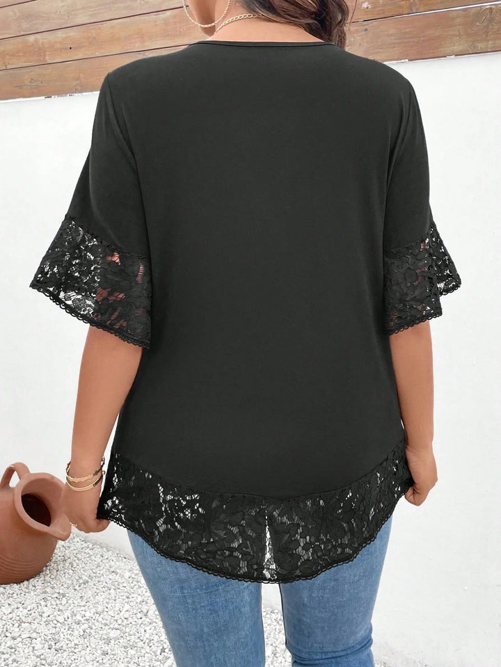 Camiseta casual larga y fluida para mujer con cuello redondo, mangas cortas, dobladillo de encaje, corte amplio, adecuada para tallas grandes, para primavera/verano