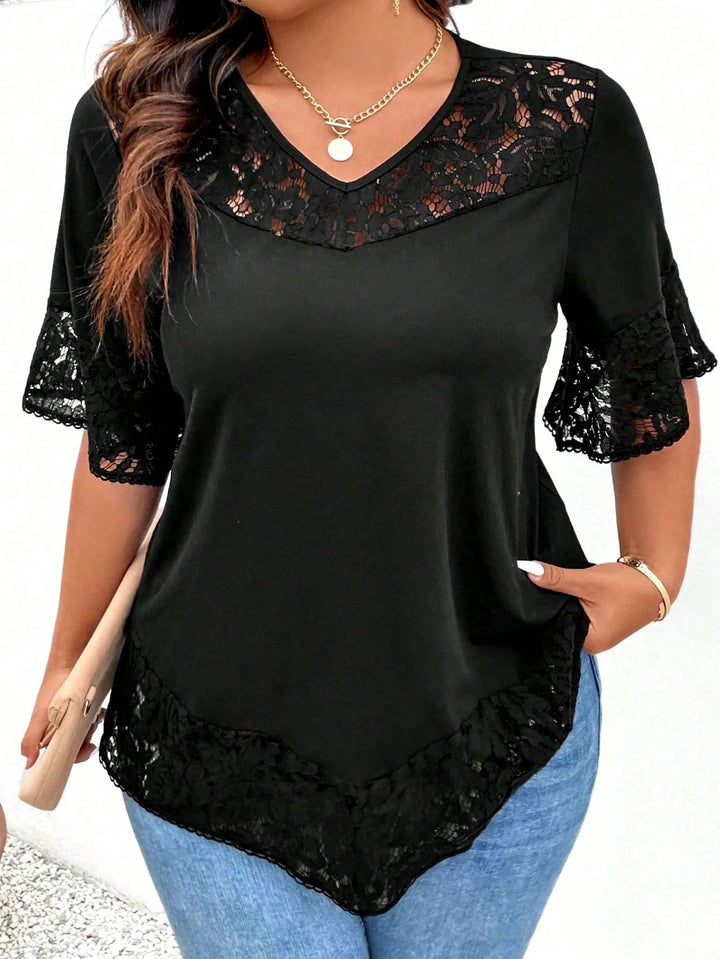 Camiseta casual larga y fluida para mujer con cuello redondo, mangas cortas, dobladillo de encaje, corte amplio, adecuada para tallas grandes, para primavera/verano