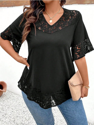 Camiseta casual larga y fluida para mujer con cuello redondo, mangas cortas, dobladillo de encaje, corte amplio, adecuada para tallas grandes, para primavera/verano