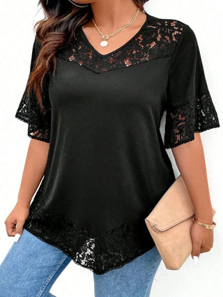 Camiseta casual larga y fluida para mujer con cuello redondo, mangas cortas, dobladillo de encaje, corte amplio, adecuada para tallas grandes, para primavera/verano