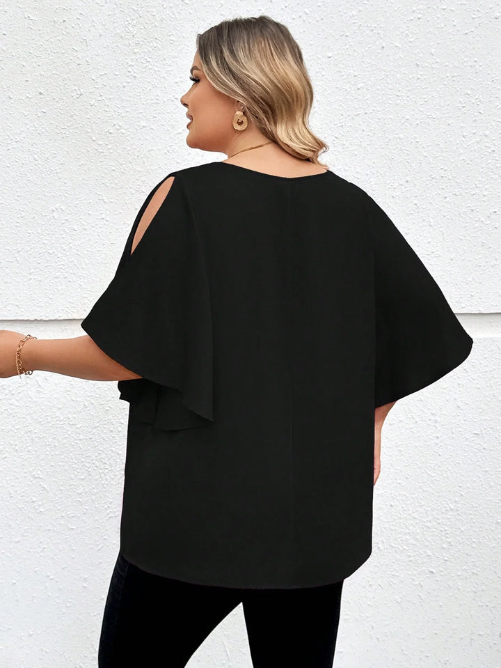 Camisa oversize con escote en V, mangas con volantes y abertura
