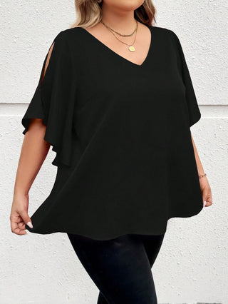 Camisa oversize con escote en V, mangas con volantes y abertura