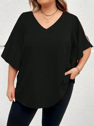 Camisa oversize con escote en V, mangas con volantes y abertura