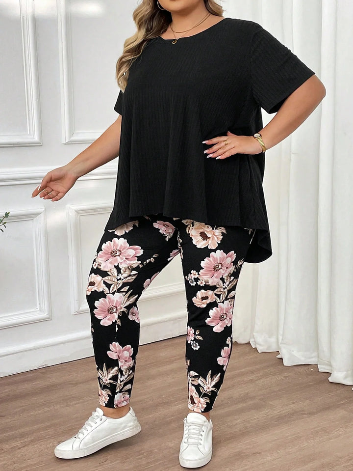 Conjunto de camiseta de manga corta suave de gran tamaño para mujeres, cuello redondo y leggings estampados elásticos estilo boho