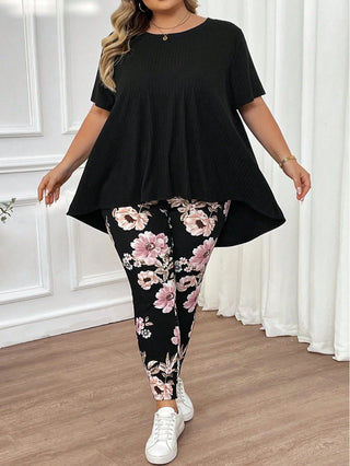 Conjunto de camiseta de manga corta suave de gran tamaño para mujeres, cuello redondo y leggings estampados elásticos estilo boho