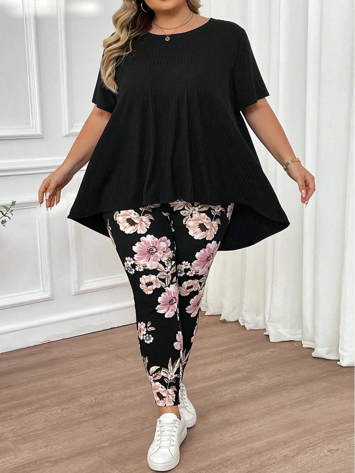 Conjunto de camiseta de manga corta suave de gran tamaño para mujeres, cuello redondo y leggings estampados elásticos estilo boho