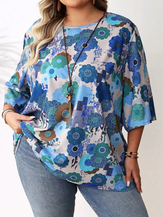 Blusa casual oversize para mujer, estampado en toda la superficie, cuello redondo, mangas 3/4